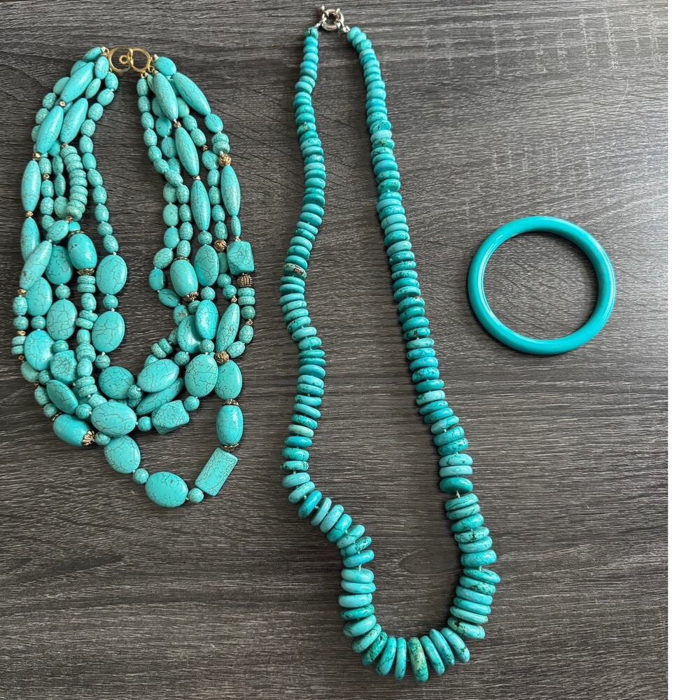 Vintage Turquoise Style Jewelry Set‎ Multi Strand Necklace Disk Bead Bangle 3pc